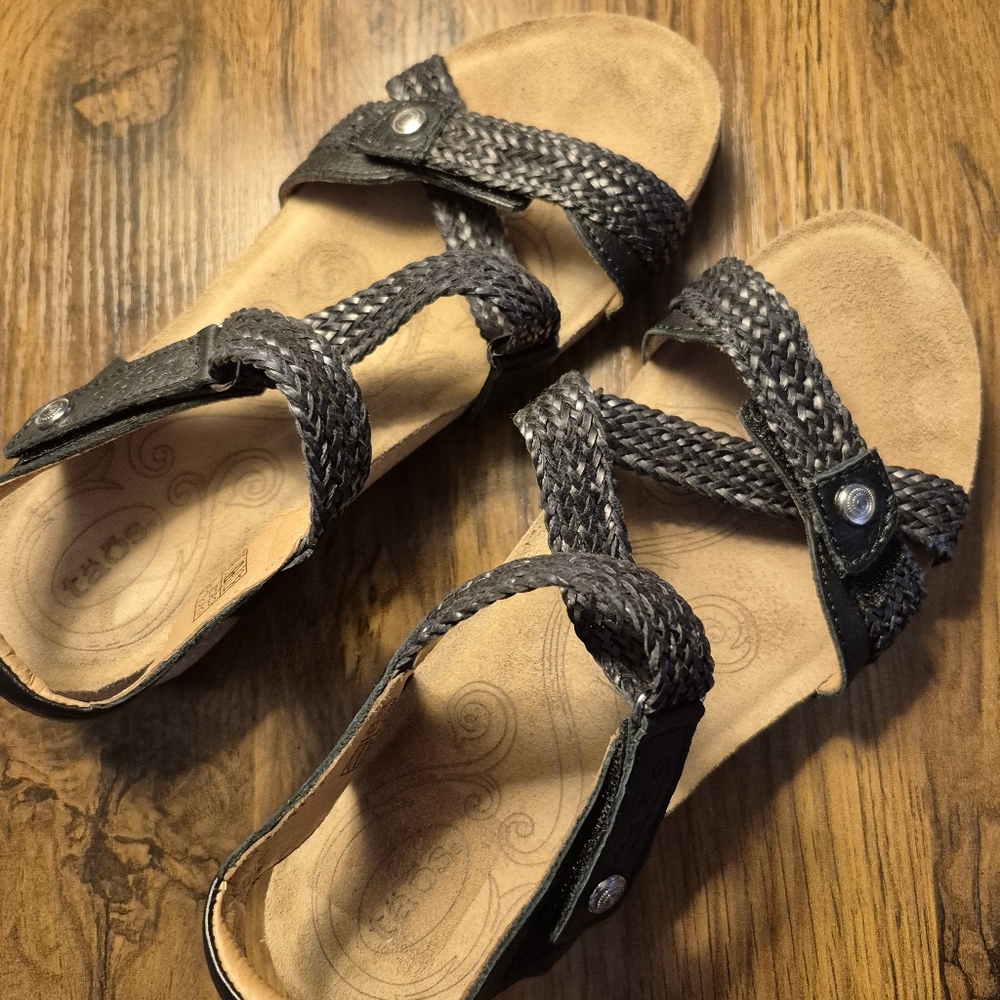 Taos Footwear Black Braided Strappy Sandals with Tan Footbed